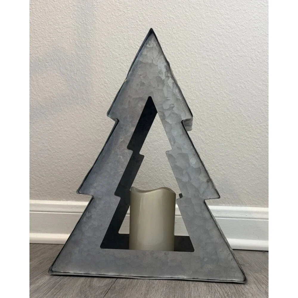 Galvanized Metal Christmas Tree Candle Holder Rustic Decorative, Place A Bid